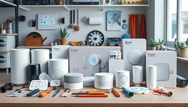 An array of smart home devices displayed in kit form, surrounded by tools and gadgets, with a backdrop of a modern, tech-inspired workspace, illustrating the DIY assembly experience offered by the business.
