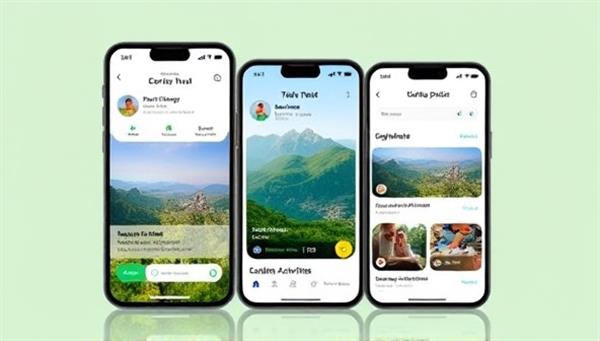 A sleek and user-friendly mobile app interface showcasing eco-friendly travel recommendations, green accommodation options, and sustainable activities with intuitive navigation features, reflecting the app
