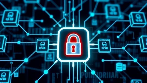 An interconnected network of secure blockchain data blocks representing encrypted electronic health records, with a digital lock symbolizing data security and privacy protection, illustrating the benefits of MediChain Secure