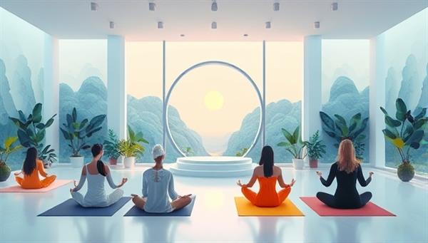 A serene digital illustration of a virtual wellness retreat space with calming nature sounds, soothing colors, and diverse individuals practicing yoga and meditation, symbolizing relaxation, mindfulness, and holistic well-being in a virtual setting.