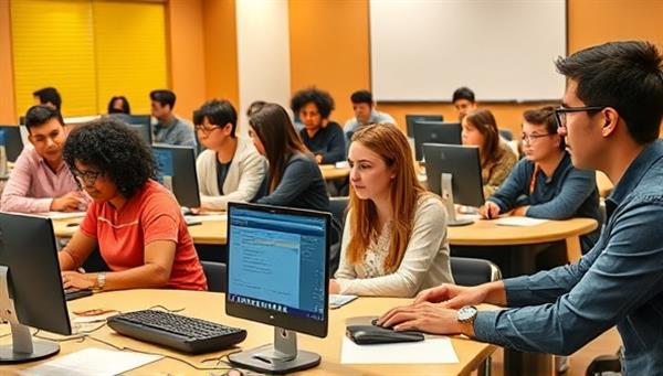 An inclusive and diverse training environment showcasing individuals with various abilities engaging in web design training sessions, with accessible technology tools, braille keyboards, and sign language interpreters, emphasizing the importance of accessibility in web design education.