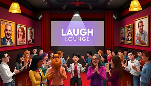 A digital comedy club setting with a stage, spotlight, and a diverse group of virtual avatars laughing and clapping, surrounded by virtual comedy posters and decorations, capturing the vibrant and humorous atmosphere of LaughLounge