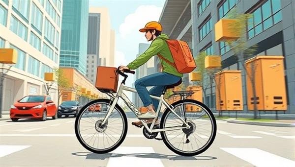 A dynamic illustration of a bike courier swiftly navigating through city streets with a delivery package in a backpack, showcasing speed, efficiency, and eco-friendly transportation.