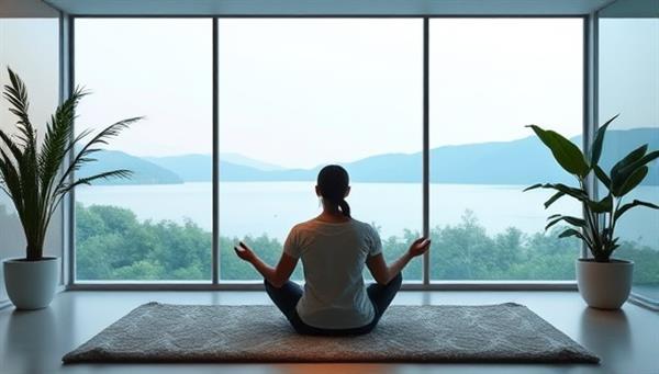 An immersive online mindfulness coaching session setting with a serene digital environment, guided meditation exercises, and a supportive mentor providing mental wellness guidance and relaxation techniques, promoting mindfulness, emotional balance, and self-care in a virtual context.