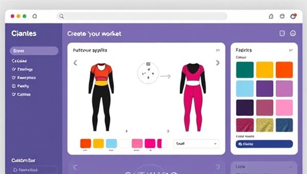 An interactive online design interface showcasing various customization options for fitness apparel, with vibrant color palettes and fabric swatches, inviting users to create their unique workout outfits.