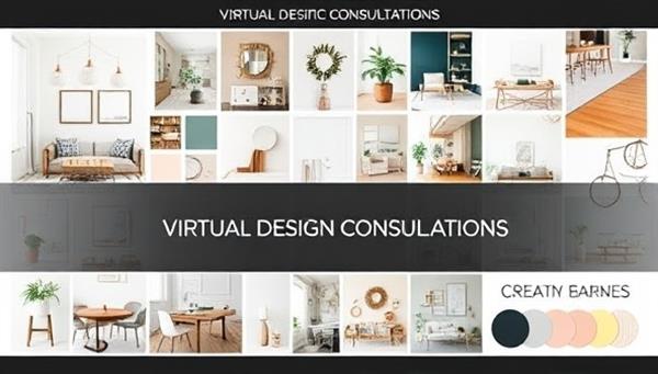 A visually appealing mood board displaying various interior design elements such as color palettes, furniture pieces, and decor accents, symbolizing creativity and inspiration in virtual design consultations.