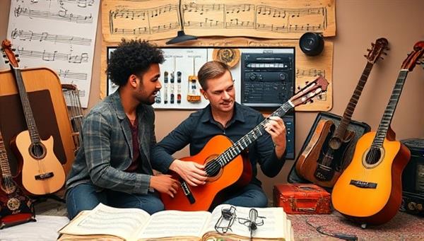An inspiring virtual music lesson scene with a passionate music instructor teaching a student how to play a musical instrument via video call, surrounded by musical notes, instruments, and a creative musical atmosphere, nurturing talent and musical expression.