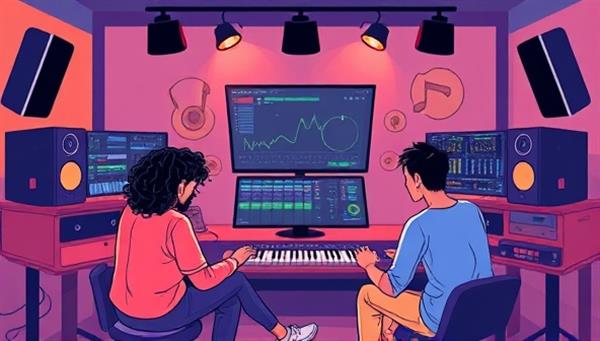 A dynamic digital illustration of a virtual music production session, with members collaborating on a songwriting project and mixing music tracks online, showcasing the collaborative and creative essence of MelodyCraft Collective as a vibrant music community for aspiring artists and producers.