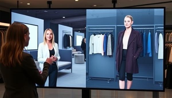 A digital screen split in half, showing a virtual stylist on one side giving advice and a client on the other side trying on different outfits virtually, creating an immersive and interactive fashion experience.