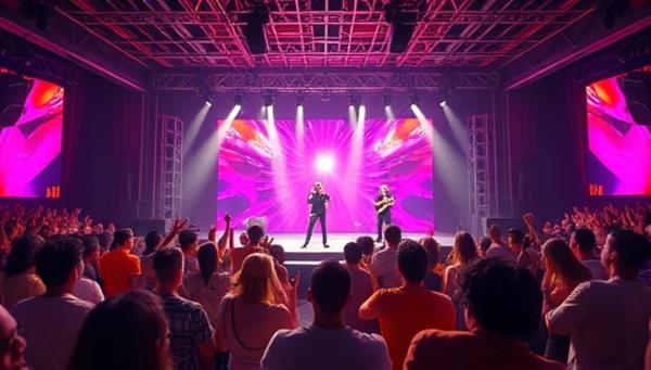 A virtual concert venue in VR SoundStage showcasing a digital stage with virtual avatars of musicians performing live, surrounded by a virtual audience of fans interacting and cheering in a vibrant and dynamic virtual setting, capturing the energy and excitement of a virtual music performance.