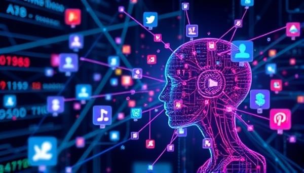 An artistic representation of a futuristic AI system analyzing social media data streams and generating personalized content suggestions, blending technology and creativity seamlessly.