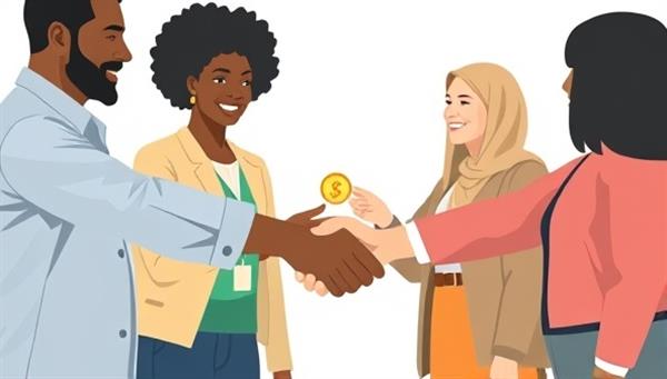 An inclusive visual representation of diverse individuals exchanging digital coins and handshakes, symbolizing trust, collaboration, and financial empowerment through microfinance lending.