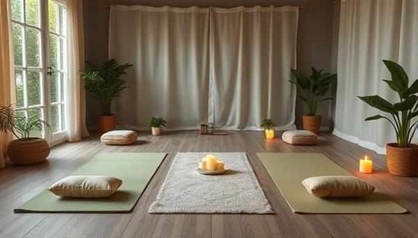 An online wellness retreat setup featuring a tranquil virtual space with yoga mats, meditation cushions, soothing nature sounds, and virtual candles, creating a serene and calming atmosphere for immersive self-care experiences.