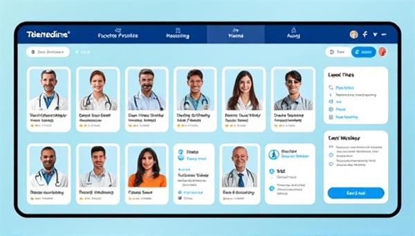 An innovative telemedicine platform interface showcasing various medical specialties with profiles of expert providers, virtual waiting rooms, and secure messaging features, illustrating accessibility and expertise in healthcare.