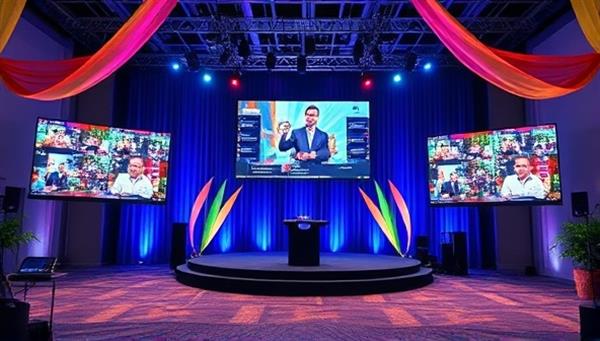 A vibrant and dynamic virtual event setup with screens displaying interactive elements, a stage for speakers, and colorful decorations, conveying the excitement and possibilities of virtual events.