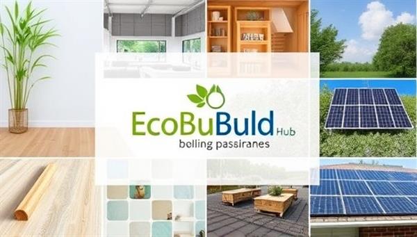 A visually appealing collage showcasing various sustainable building materials like bamboo flooring, recycled glass countertops, and solar roof tiles, symbolizing the eco-friendly product range available on the EcoBuild Hub platform.