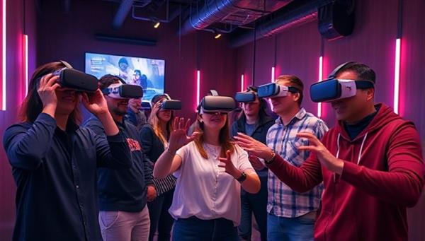 A group of people wearing VR headsets and interacting with virtual objects in a futuristic escape room setting, showcasing the excitement and engagement of the experience.