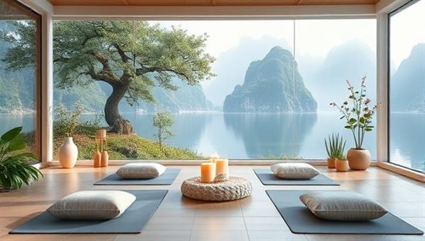 A serene virtual retreat setting with calming nature backgrounds, yoga mats, meditation cushions, and relaxing music playing in the background, creating a tranquil and rejuvenating atmosphere for mental wellness practice.