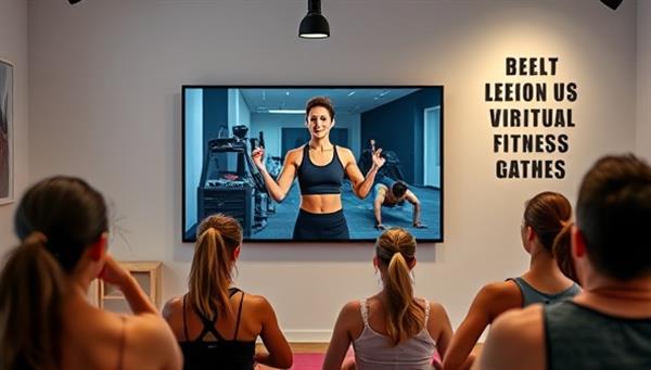 A dynamic visual of a virtual fitness class led by a fitness instructor on a screen, with participants following along from home, displaying workout equipment, energizing music, and motivational quotes in the background, symbolizing fitness empowerment and community connection.