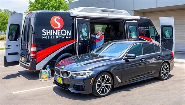 A mobile car detailing van equipped with professional cleaning tools and products parked in front of a luxury vehicle, with a team of detailers working on restoring the car