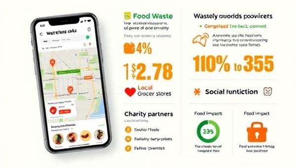 An impactful image of the WasteLess Eats app interface displaying a map with local restaurants, grocery stores, and charity partners connected for food donations, along with statistics on food waste reduction and social impact achievements, highlighting the app