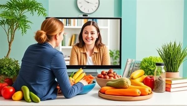 A vibrant image of a virtual nutrition coaching session, featuring a nutritionist discussing meal plans with a client via video call, surrounded by colorful fruits, vegetables, and recipe books, conveying a personalized and interactive approach to healthy eating.