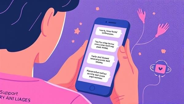An illustration of a user engaging with a chatbot on a smartphone, with uplifting messages and mental health resources displayed on the screen, conveying support and connectivity.