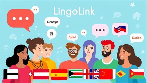 An engaging digital illustration featuring diverse avatars engaging in language exchange sessions on LingoLink Connect, with speech bubbles in different languages, cultural icons, and virtual flags representing the global community of language learners connecting and learning together.