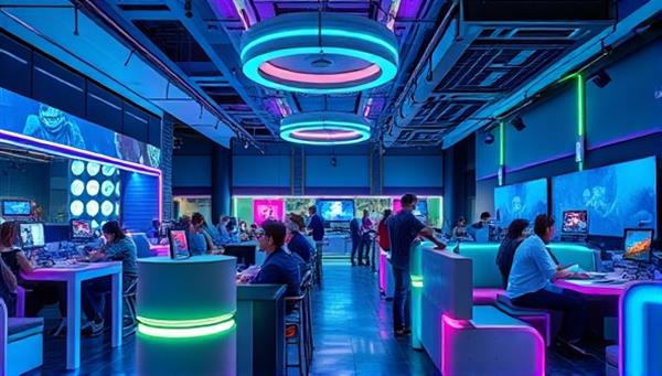 An artistic rendering of a futuristic and stylish virtual reality gaming cafe and lounge interior, featuring VR gaming stations, lounge areas, interactive displays, and vibrant lighting effects, with diverse groups of patrons enjoying immersive gaming experiences and social interactions, conveying a sense of modernity and excitement.