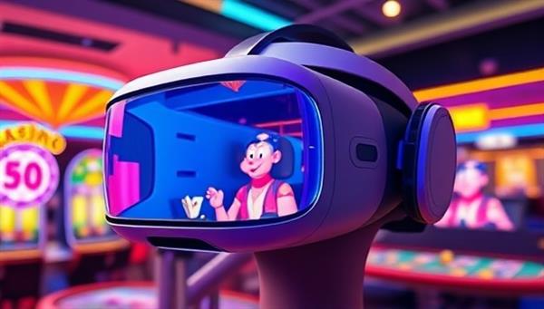 A futuristic VR headset displaying a vibrant and dynamic virtual casino environment with animated characters playing different casino games, highlighting the immersive and interactive nature of the experience.