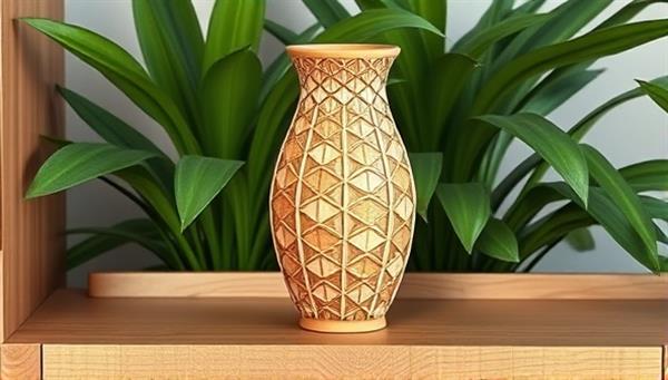 An image of a beautifully designed 3D-printed vase with intricate patterns, placed on a stylish wooden shelf against a backdrop of lush green plants, highlighting the eco-friendly and modern aesthetic of the decor piece.