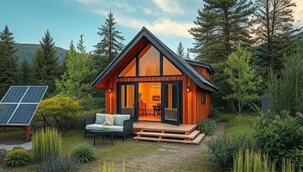 A stunning visual of a cozy, modern tiny home nestled in a picturesque natural setting, surrounded by lush greenery and solar panels, highlighting the harmony between nature and innovative design.