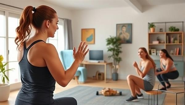 An energetic fitness coach leading an online workout session with participants following along from their homes, showcasing a dynamic and motivating virtual fitness experience.