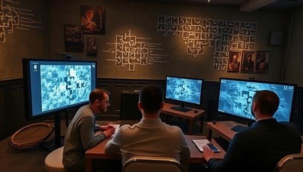An engaging virtual escape room setting with intricate puzzles on screens, participants solving challenges collaboratively, and a virtual host guiding them through the experience, creating a sense of suspense and teamwork.
