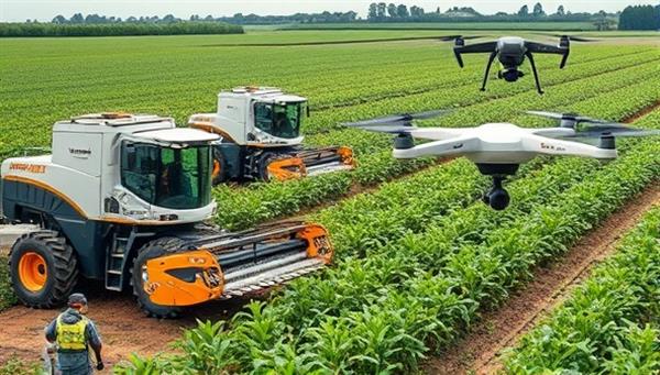 An agricultural setting with robotic harvesters and drones in operation, accompanied by technicians conducting maintenance checks and software updates, illustrating the seamless integration of technology in modern farming practices.