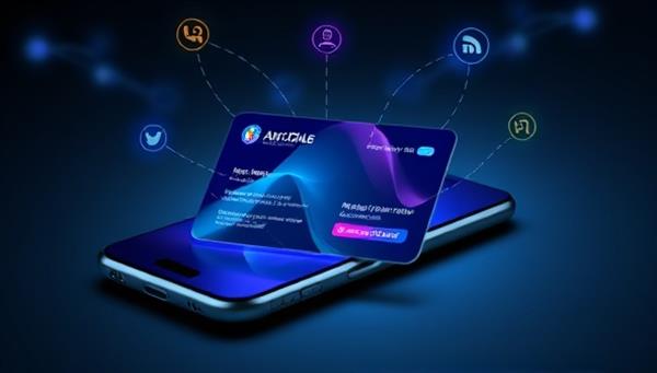 An artistic rendering of a digital card displayed on a smartphone screen, showcasing a sleek design with interactive elements like animated logos and contact buttons, symbolizing modern networking.