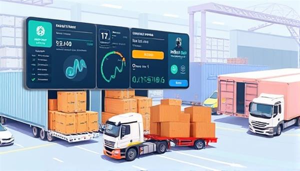 An engaging illustration showing a variety of cargo items being loaded onto different transport vehicles, with a digital interface displaying real-time tracking information and delivery updates, set against a backdrop of a bustling logistics hub, conveying efficiency, connectivity, and seamless freight management.