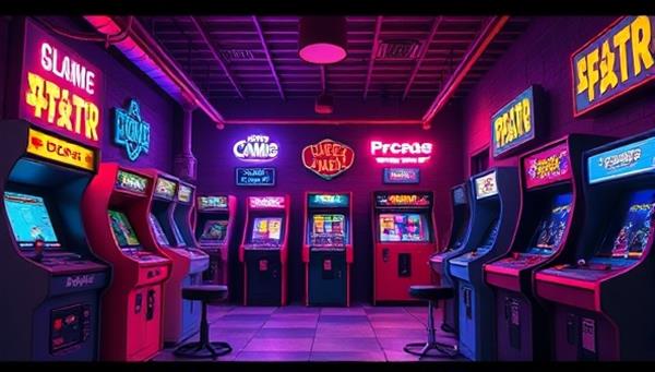 An animated retro arcade room filled with neon lights, vintage arcade cabinets, and pixelated game characters, evoking a nostalgic and vibrant gaming atmosphere.
