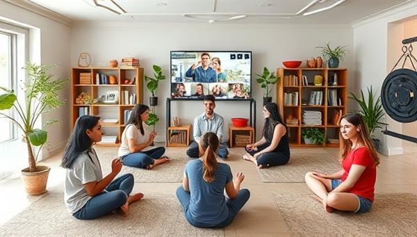 A virtual wellness center setting with college students engaging in wellness coaching sessions, fitness activities, and mindfulness practices, surrounded by healthy food options, workout equipment, and positive affirmations, fostering a culture of well-being and balance in the college community.