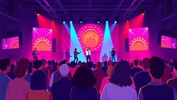 An immersive digital illustration depicting a virtual concert stage with a diverse crowd of avatars enjoying a vibrant music performance, complete with interactive features like chat bubbles and virtual applause, capturing the essence of a shared live music experience online.