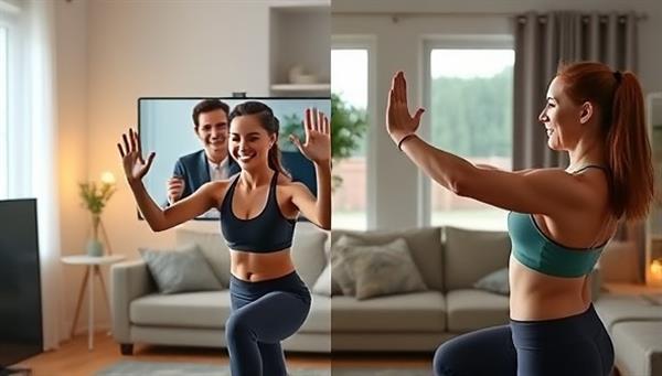 A split-screen image showing a virtual fitness coach guiding a user through a workout routine via video call on one side, and the user happily exercising in their living room on the other side, conveying convenience and motivation.
