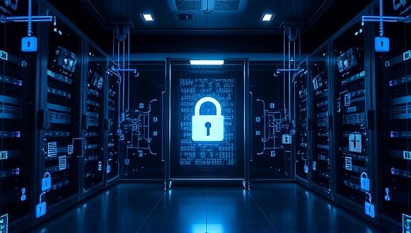 A futuristic and secure server room concept with blockchain technology symbols, encrypted data streams, and digital locks, illustrating the cutting-edge and secure hosting solutions provided by BlockHost Secure for websites seeking advanced cybersecurity measures.