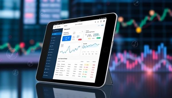 A modern visual featuring a tablet screen displaying the PortfoTrack App interface, showcasing colorful graphs, investment performance charts, and personalized portfolio recommendations, with a backdrop of financial symbols and market trends, conveying a sense of data-driven insights and investment management efficiency.
