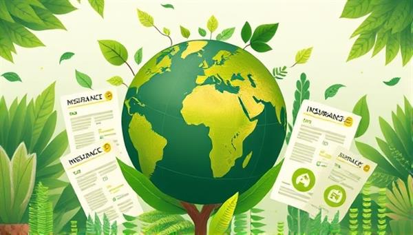 An illustration of a lush green earth surrounded by insurance policies with eco-friendly symbols, representing a harmonious blend of nature and protection, appealing to environmentally conscious customers.