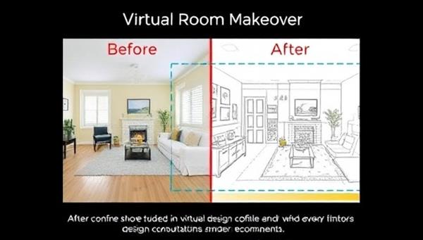 A digital representation of a virtual room makeover, showcasing before-and-after images of a space transformed by virtual interior design consultations, with a designer