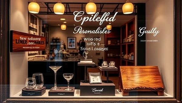 An elegantly designed storefront window display featuring a range of personalized gifts, including engraved glassware, custom jewelry, and handcrafted wooden keepsakes, inviting passersby to explore unique gifting options.
