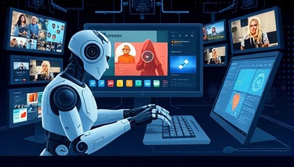 An illustration of a futuristic AI robot typing on a computer keyboard, surrounded by digital screens displaying various types of content, symbolizing advanced technology in content creation.
