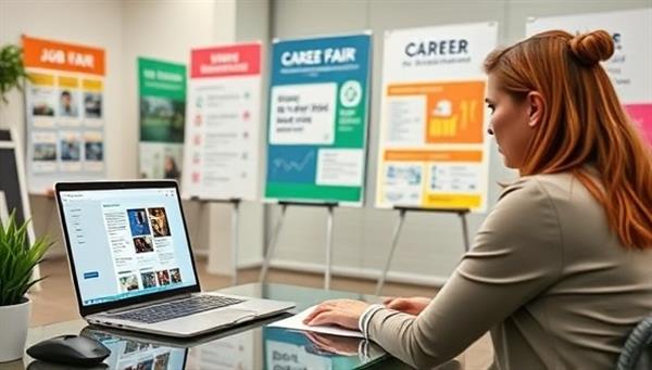 An inspiring virtual career coaching session depicted with a coach and client engaged in a career planning discussion, virtual job fair posters in the background, a laptop displaying job listings, and a vision board illustrating career goals and aspirations, symbolizing growth and empowerment in the online career transition realm.