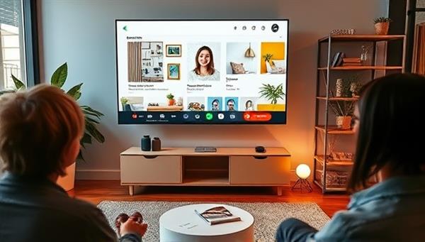 An inviting virtual consultation setup with a designer on a screen, displaying colorful room mock-ups, renovation tools, and samples, creating an interactive and inspiring environment for clients.