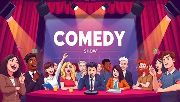 A lively digital illustration capturing the essence of a virtual comedy show, featuring a stage with a microphone, laughing audience avatars, and comedic props, creating a vibrant and humorous atmosphere for online comedy enthusiasts.